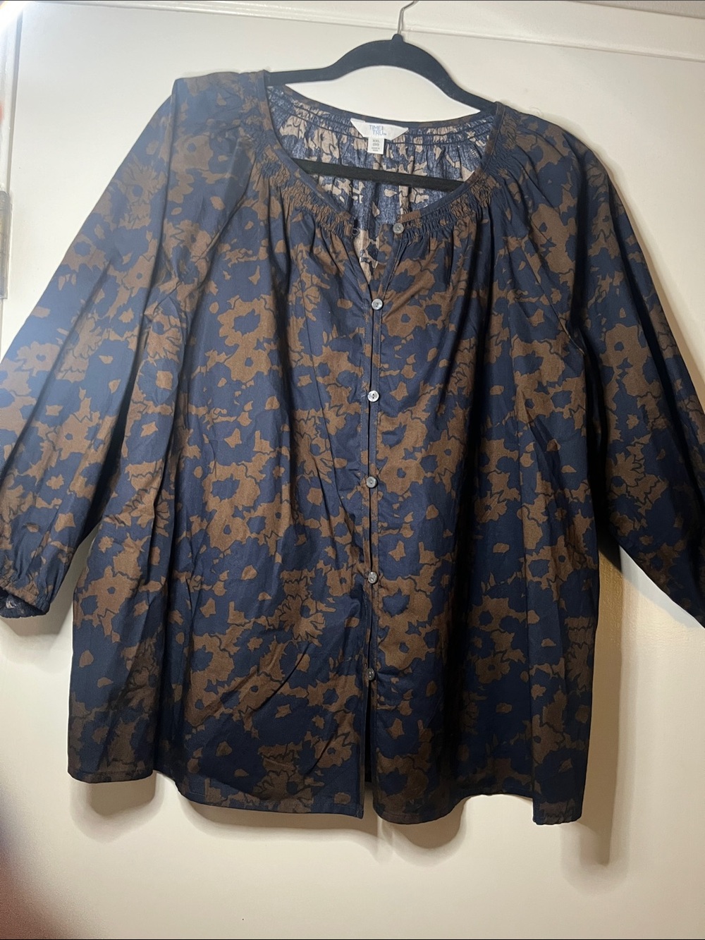 Time and Tru Navy and Brown Floral Button-Front Peasant Top